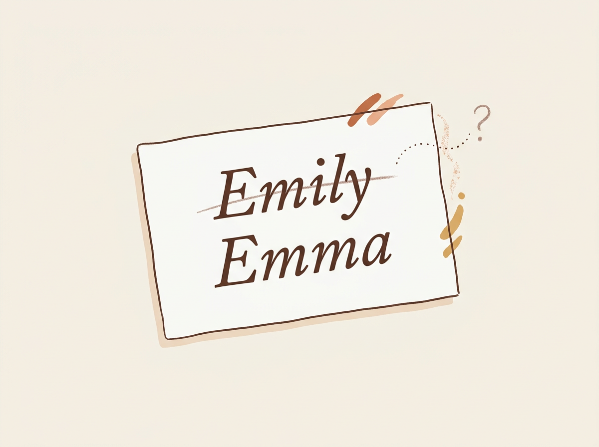 A handwritten name card with 'Emma' and 'Emily' overlapping, one softly crossed out.