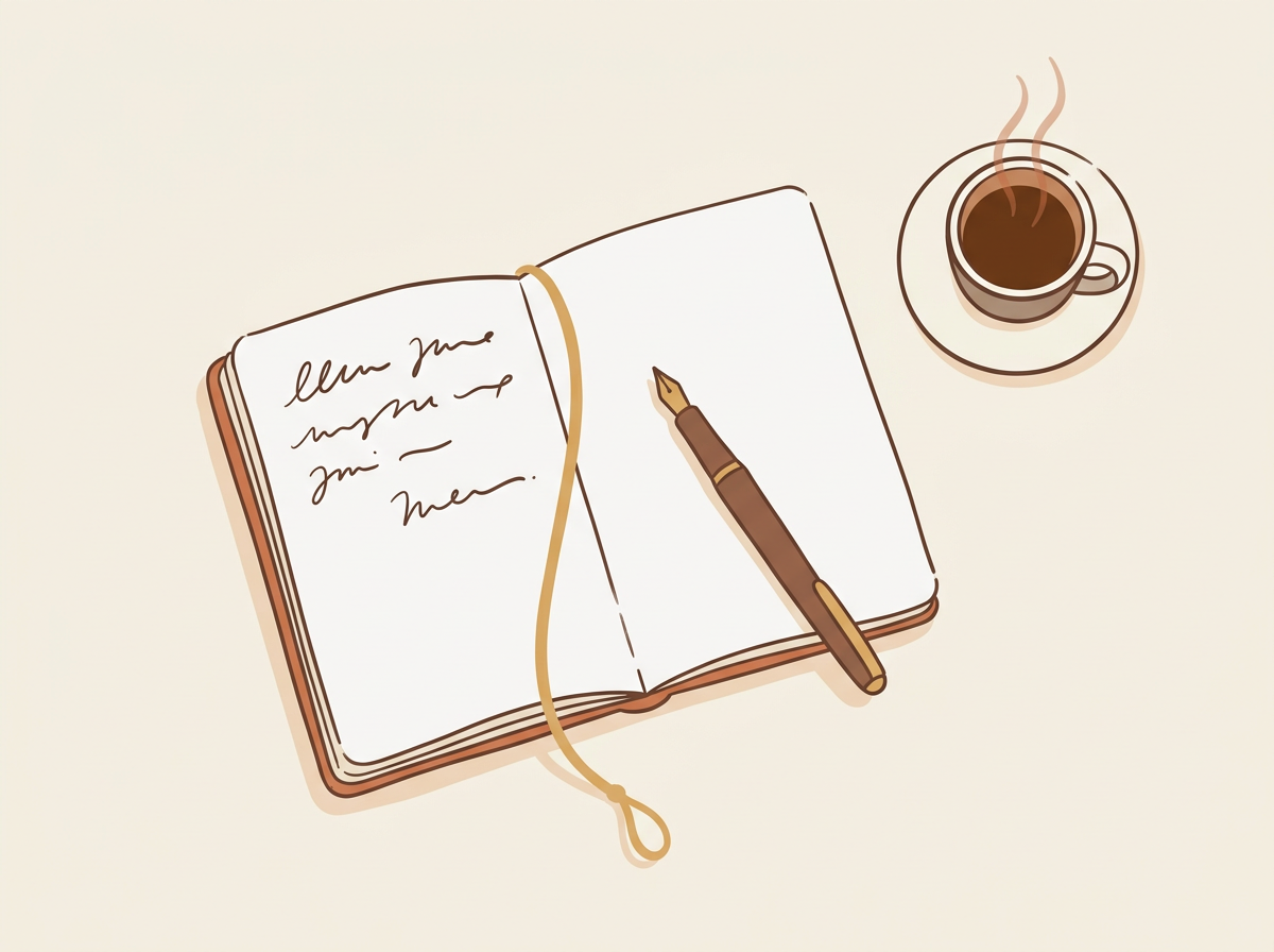 An open notebook with a few handwritten lines, a fountain pen resting across the page, and a small espresso cup beside it.