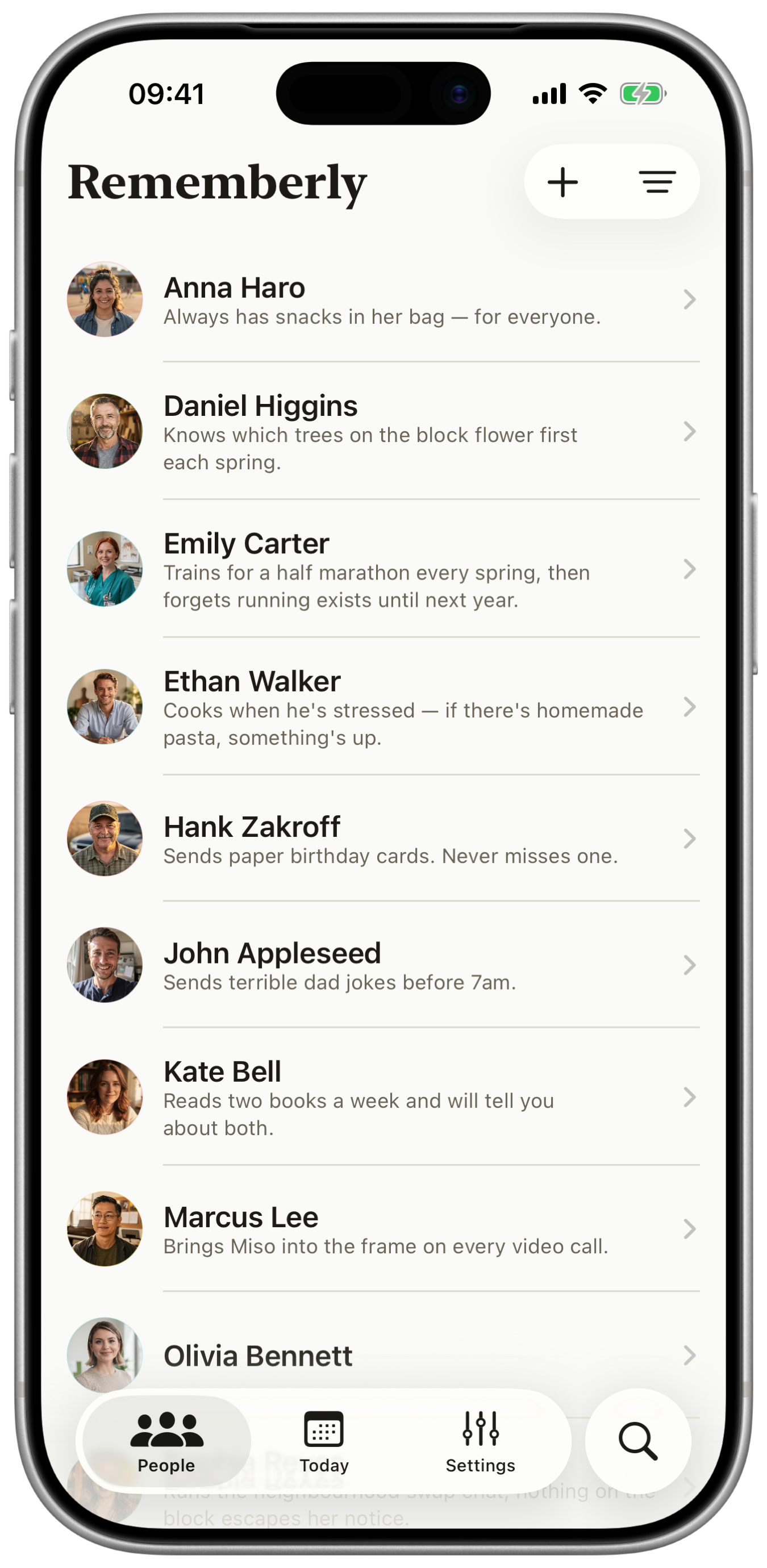 Rememberly app showing a list of people with face avatars and notes for each.