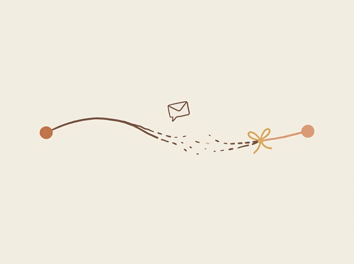 Two dots connected by a thread that frays in the middle and is re-tied with a small knot near the second dot.